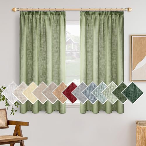 Woaboy Leinen Kruz Gardinen mit Kräuselband Vorhänge Wohnzimmer Leinenoptik Halbtransparent Stores Gardine Schlafzimmer Modern SchlaufenKruz Gardinen 2er Set 140x175cm (BxH) Grün