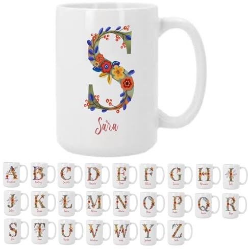 Bee Ingenious Tazas personalizadas con nombre e inicial: Tazas de cafe A-Z de ceramica Tazas de desayuno con letra Taza XL 443ml Tazas originales para regalar Tazas de te A-Z (S)