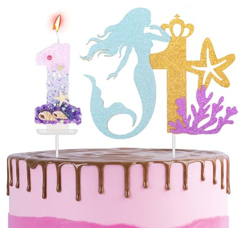 Mermaid 1st Birthday Cake Topper With Number Candle - Sparkling Decorations for Girls, Happy Mermaid Theme Party Cupcake Topper for Boys and Girls