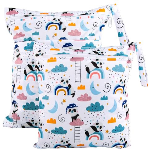 Darryy Nasstasche Kindergarten, Wetbag Kindergarten 2er Set, Wäschebeutel Kita Wasserdicht, Nassbeutel Waschbar, Windeltasche Nasstasche, Wetbag Stoffwindeln, Nasstaschen Wiederverwendbar, Panda