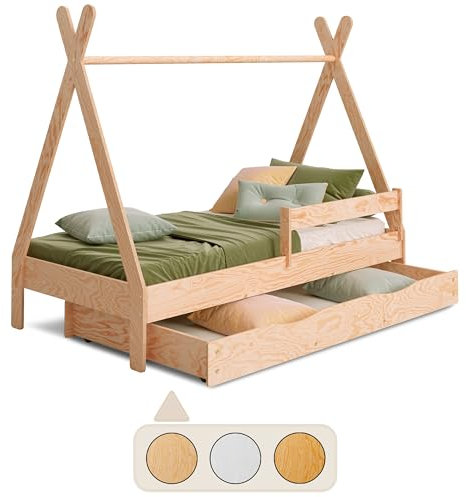 smartwood Tipi D Kinderbett 90x160 mit Lattenrost und Rausfallschutz - Montessori Hausbett mit Schublade für Jungen und Mädchen - Holzbett mit Rausfallschutz und Lattenrost - 160x90 - Naturholz