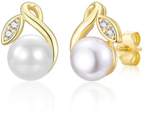 PDTU Perlen Ohrringe, Perlenohrringe Gold Stecker, 8mm Perlen Ohrringe Vergoldet Zinkonia Damen Frauen Mädchen