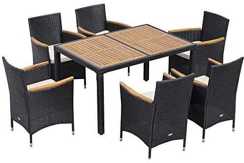 Outsunny Ensemble Salon de Jardin 6 Personnes Table à Manger rectangulaire 6 fauteuils Coussins lavables Acier résine tressée PE Bois d'acacia Noir et Beige