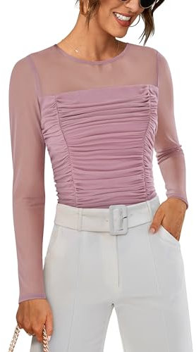GRACE KARIN Women See Through Sleeves Mesh Tops Crew Neck Long Sleeves Ruched Shirt Top Going Out Grey Pink L