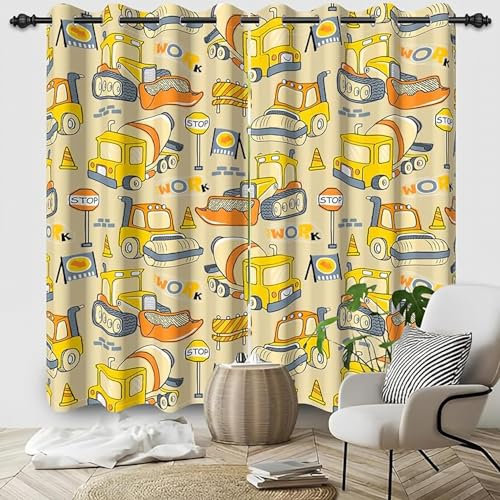 ZZTBQ Cartoon Car Kinderzimmer Gardinen mit Ösen Baustelle & LKW Motiv Verdunkelungsvorhang Kinder LKW Traktor Bagger Autos 140x160cm Für Jungen Mädchen Kinder Schlafzimmer