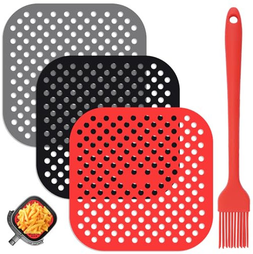 3 Pezzi Tappetini per Friggitrice ad Aria 21.5 Cm Tappetino Friggitrice ad Aria in Silicone Quadrati Tappetini in Silicone con Spazzole, Tappetino Silicone Friggitrice ad Aria per Forno, Friggitrice