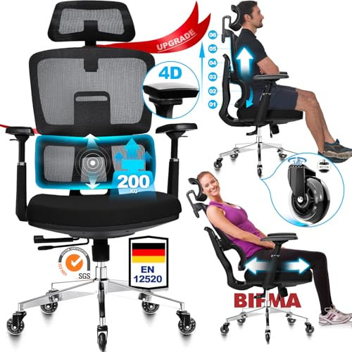MELOKEA Bürostuhl 200KG, 6P Verstellbare Rückenlehne, Sitztiefe Verstellbar, Elastisches Kissen, Bürosessel Große Menschen
