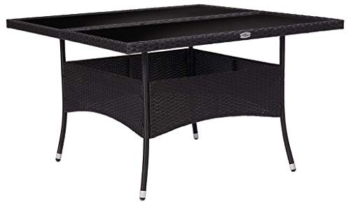 Myheimly Garten Esstisch für 4 Personen Gartentisch Terrassentisch Tisch Balkontisch Gartenmöbel Terrasse Poly Rattan Glas Stahlrahmen Schwarz