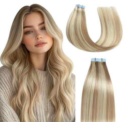 MissMe tape extensions echthaar haarverlängerung echthaar 35cm tape in extensions echthaar 20 Stück 40g, Gesträhnt Aschblond mit Bleichblond #P18/613 extensions echthaar tape