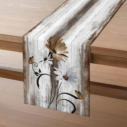 AwzyGous Tischläufer Braun Blume Deko Tischläufer Sommer 40 x 140 cm Vintage Küche Tisch Dekoration Abwaschbar für Hochzeitsfeier, Babyparty, Geburtstag, Heimdekoration, Feiertagsdekoration