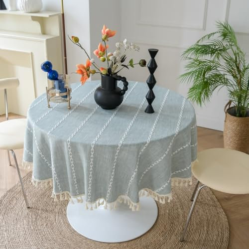 Tovaglia rotonda in cotone e lino con pompon, lavabile in lavatrice, diametro 120 cm