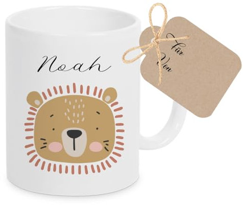 Manufaktur Liebevoll Tasse mit Namen Kinder Kindertasse mit Namen Becher Keramik Mädchen Junge Namenstasse Löwe Zoo Geschenk