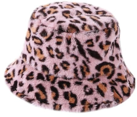 minkissy Leichter Winter Fischerhut Damen Leopardmuster Flauschiger Kuschelmütze Elegant Warmes Weiches Plüsch Bucket Hat Für Herbst Outdoor Spaziergang Modischer Anglerhut Mütze
