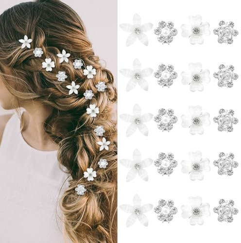 20 pinces à fleurs miniatures en strass, accessoires de coiffure pour femmes et filles, petites barrettes élégantes pour le quotidien, fêtes ou mariages (blanc)