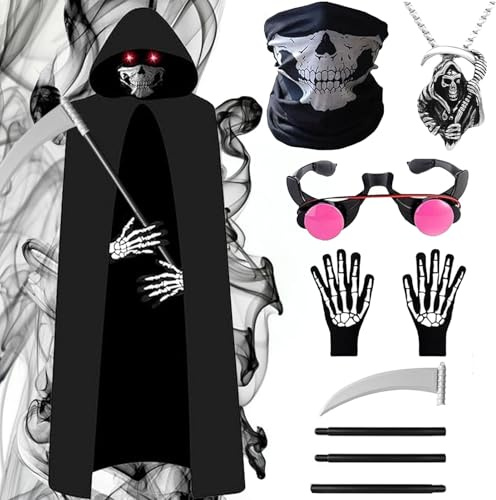 FCYQSD Halloween Sensenmann Kostüm für kinder Erwachsene, Sensenmann Umhang mit Kapuze Sense Handschuhe Schädelmaske für Halloween Karneval Cosplay (170)
