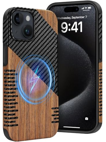 Dolstrap Magnetisch Handyhülle Kompatibel mit iPhone 15 Hülle (Kompatibel mit Magsafe), (Naturholz & Leder & Kohlefaser-Hybrid) Robust Dünnes iPhone Hülle, Schwarz
