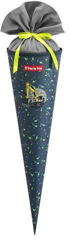 Step by Step Schultüte „Bagger Rocco“, gelb-grau, passend zum Schulranzen, aus recycelten PET-Flaschen, Verschluss aus Stoff, 5 l Füllvolumen, 70 cm Höhe