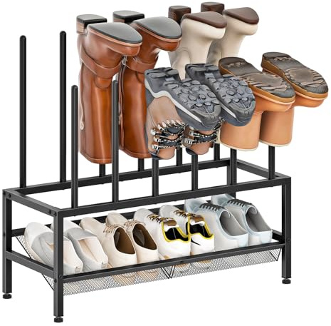 HOOBRO Freestanding 2-Tier Boot Rack, Metal Boot Stand for Long and Short Boots with Adjustable Feet, Space Saving Entryway Shoe Storage Organiser, Black EBK76XJ01