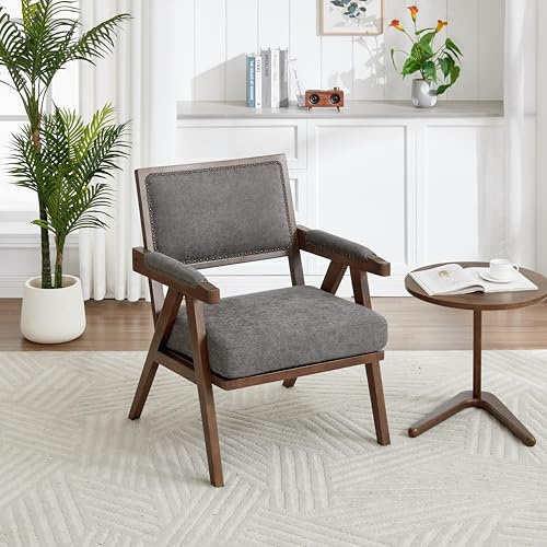 FammyLoft Mid-Century Lounge Sessel mit Armlehnen, Sessel Wohnzimmer mit Holzrahmen, Loungesessel für Wohnzimmer/Schlafzimmer/Arbeitszimmer/Büro, Grau