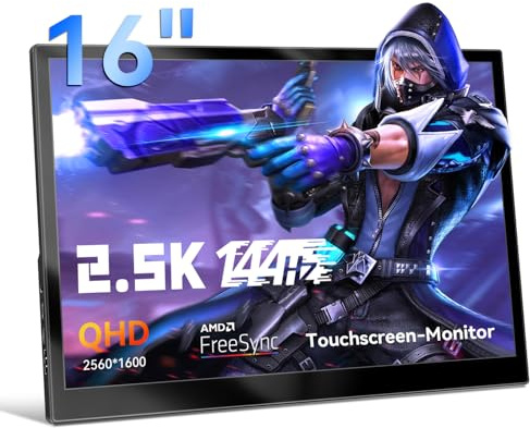 Pisichen 16 Zoll 2K(2560x1600) Touchscreen Portable Gaming Monitor 144Hz IPS Bildschirm, HDMI USB TypC Touchscreen Tragbarer Monitor für Windows PC Laptop PS4 PS5 Ras Pi, Integrierte Lautsprecher