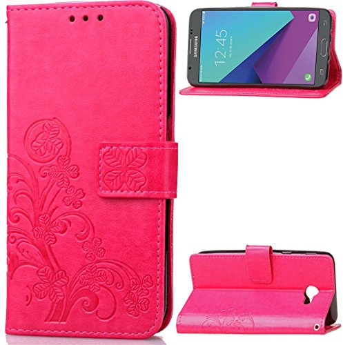 SATURCASE Coque pour Samsung Galaxy J3 (2017), Lucky Clover PU Cuir Magnétique Flip Portefeuille Support Porte-Carte Protecteur Housse Étui avec Dragonne pour Samsung Galaxy J3 (2017) (SC-Rose)