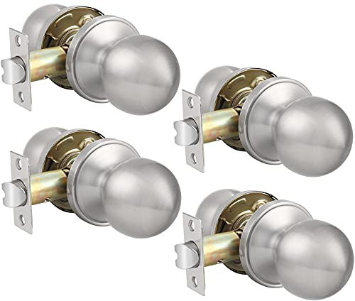 Probrico 4 Pack Interior Passage Door Knob for Hallway Stainless Steel Closet Two Sides Round Door Knobs with Latch Satin Nickel