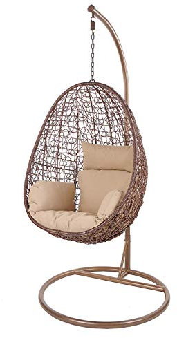Kideo Swing Chair, Lounge-Möbel, Loungesessel Polyrattan, Hängestuhl, Hängesessel mit Gestell & Kissen (braun/beige)