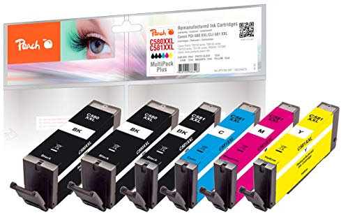 Peach C580/581 Spar Pack Plus Druckerpatronen XXL (2xBK, PBK, C, M, Y) ersetzt Canon PGI-580XXL, CLI-581XXL für z.B. Pixma TR 8550, 6350, 8350