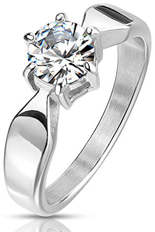 Paula & Fritz® Verlobungs-Ring Silber 5mm breit Klassik Solitär-zirkonia 7mm Clear farblos Weiss Damen-Ring Edelstahlring Freundschaftsring Partnerring R-M6809S_90