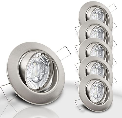 trendlights24 Decora Decken Einbaustrahler flach 35 mm 230V 5er Set - LED Spots je 5W Neutralweiß 400lm austauschbar - Edelstahl gebürstet Optik 68 mm