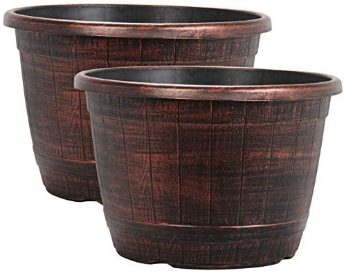 Muddy Hands Copper Wooden Barrel Effect Plant Pot Round Plastic Planter Outdoor Garden Flower Tree Herb (2, 25.8 Litre)