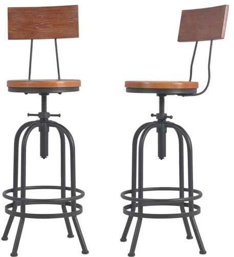 BOKKOLIK Set mit 2 industriellen Barhockern mit Rückenlehne, drehbarer Holzsitz, Barhocker, höhenverstellbar, 66–81,8 cm, Kücheninsel, Esszimmerstuhl