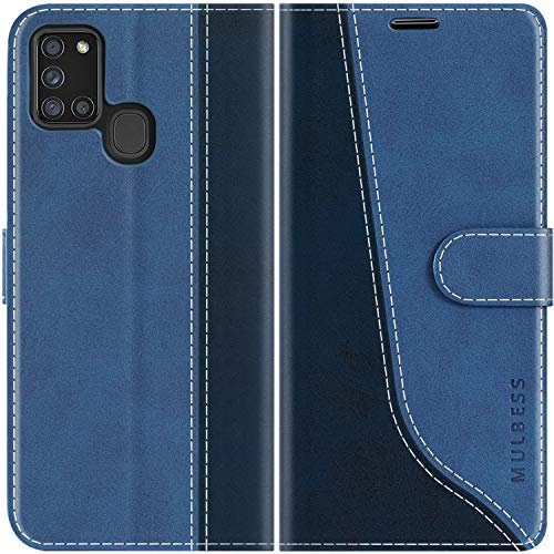 Mulbess für Samsung Galaxy A21S Hülle, Handyülle Leder mit Kartenfach, Klapphülle mit Magnetverschluss, Flip Case Etui Handytasche Schutzhülle, Stilvoll Diamant Blau
