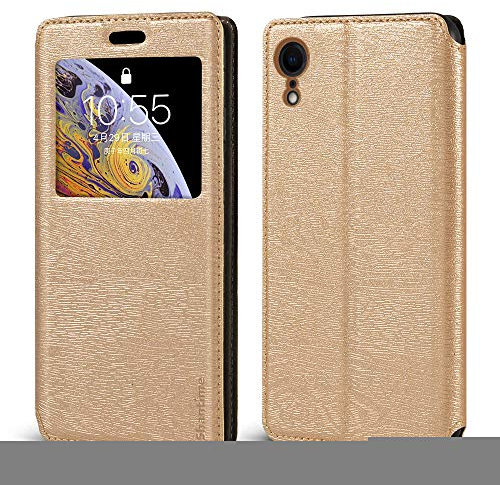 Coque à Rabat en Cuir PU avec Fenêtre Visible et Aimant Invisible Compatible avec iPhone XR, Étui Intelligent à Affichage Clair (Or)