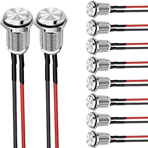 VISSQH 10pcs 12mm taster wasserdicht,Metall mini taster,Edelstahl,12V Momentanen Druckknopf, für hupen, Klingel,Auto Runde Mini Drücken Taster (Flachkopf) (mit Draht)