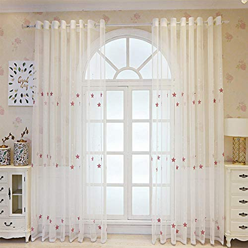 JXX gardinen Wohnzimmer Rosa gestickter Stern Voile Vorhang für Kinder Mädchen Schlafzimmer Gardine für Wohnzimmer Küchenfenster Vorhänge-1 PCS B100 X H180cm_Tülle (Ring) Oben