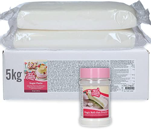 AOS Set | Funcakes Fondant 5kg (2x2,5kg) Weiß + 1x Funcakes Magic Roll-Out Powder 225g (Ausrollpuder) | Hochwertig | Vorteilspack | Einfach zu Verwenden | Flexibel | Perfekt zum Dekorieren von Torten