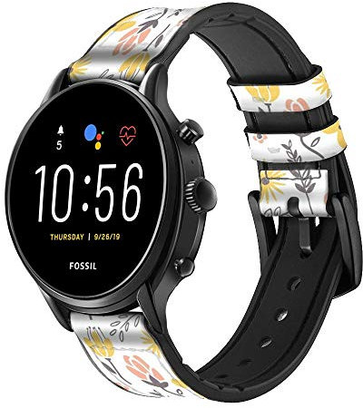 Pastel Flowers Pattern Leather Smart Watch Band Strap For Fossil Hybrid Smartwatch Nate, Hybrid HR Latitude, Hybrid Smartwatch Machine Size (24mm)