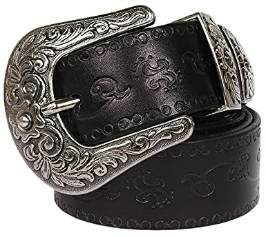 YDYBY Vintage Western Style Echtleder Gürtel für Herren Damen 105cm - 125cm Länge Fashion Embossed Pattern Nietengürtel für Oder Gothic-Outfits,Schwarz,115CM