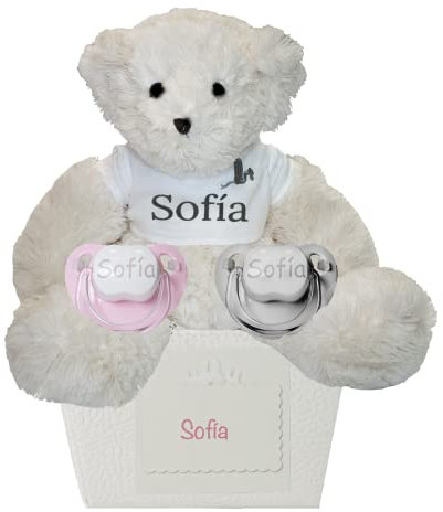 Regalo personalizzato per la nascita | 2 Ciucci per Bambini Personalizzati | per Neonati 0/6 Mesi Senza BPA i orsacchiotto personalizzato in scatola personalizzata | BebeDeParis