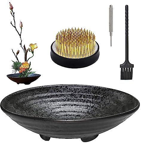 WANDIC Blumenarrangement Supplies, runder Blumenfrosch und Keramik-Blumentopf, schwarzer Blumenarrangementtopf für Ikebana Blumenkunst Home Office Dekoration