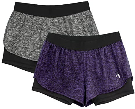 icyzone Damen Laufshorts 2 in 1 Sport Yoga Training Shorts Kurze Sporthose Laufhose, 2er Pack (Charcoal/Purple, M)