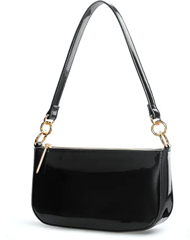 HOXIS Borsa a tracolla lucida da donna in ecopelle verniciata lucida pochette borsa a tracolla anni '90, nero