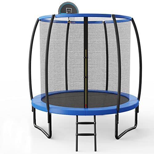 GOPLUS Trampoline Extérieur Ø 244 CM avec Panier de Basket, Trampoline pour Enfants avec Filet de Clôture, Cadre en Acier, Échelle Antidérapante, Charge 150 KG