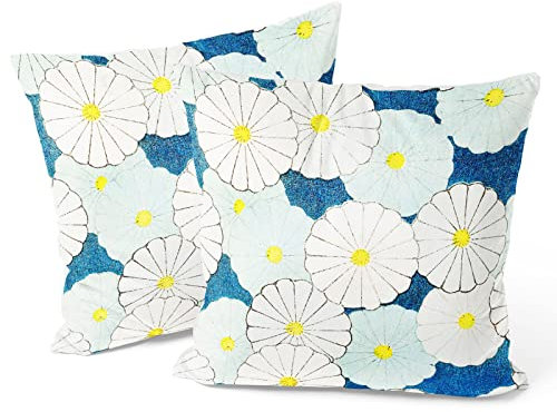 Berkin Arts Dekorative Blumen Flower Floral Kunst Art Quadrat Kissenhülle 2er Set Kissenbezug 45x45cm Zierkissenbezüge Sofakissen DekokissenBlau Für Wohnzimmer (Korin Furuya-Blaue Chrysantheme)