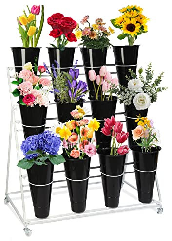 Présentoir à fleurs avec seaux - 3 niveaux 12 seaux, support pour plantes, présentoir mobile de magasin de fleurs avec roues,pour intérieur extérieur patio jardin, salon, fleuriste (Color : B)