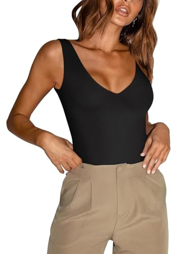 REORIA Women’s Sexy Plunge Deep V Neck Sleeveless V Backless Going Out Tank Bodysuits Tops