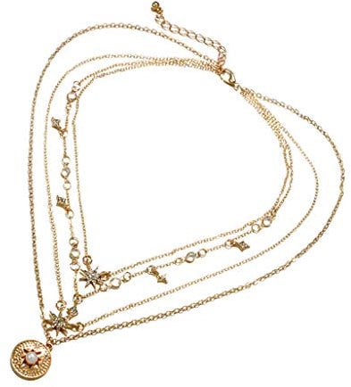 Women Necklaces for Ramadan Days Geometry Diamond Six-Pointed Multi-Layer Ladies Metal Four-Layer Star Necklace Necklaces Pendants Rose Necklace for Girls (Gold, One Size)