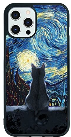 Black Cute Cat iPhone 12 Pro Max Case - 6.7 Inch Van Gogh Cute Cat iPhone Case, Non-Slip Pattern Design and Shock Absorption, Soft Silica Gel Frame Support Black Phone Case for Teen Girls and Sisters