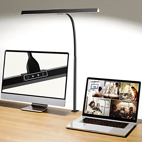 Hapfish Lampara led escritorio, 12W flexo led escritorio con cargador y pinza, lámpara mesa con cuello de cisne, luz regulable, para monitor, estudiar, pantalla ordenador, estudio, oficina